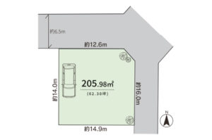 約205.98㎡のゆとりある敷地図（整形地・カースペースあり）