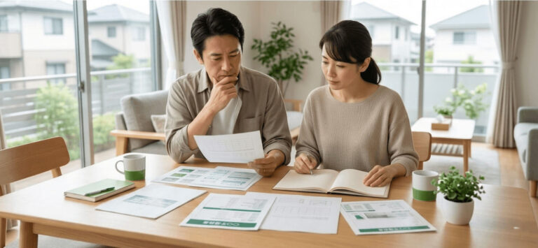 不動産売却や住み替えに向けて、費用や今後の流れを夫婦で真剣に検討しているシーン