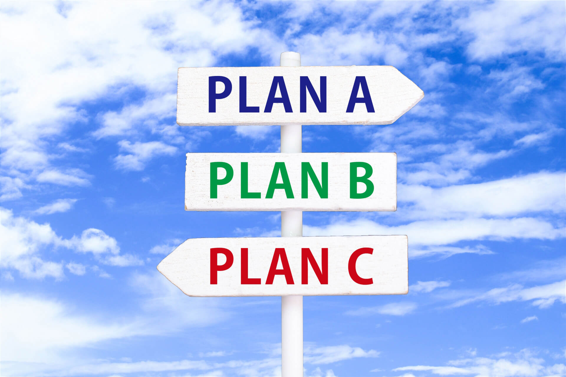 青空を背景に「PLAN A・PLAN B・PLAN C」と書かれた案内板｜空き家の処分方法を比較するイメージ